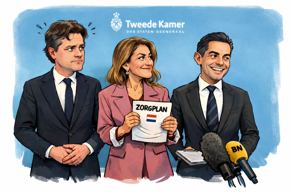 Illustratie van drie Nederlandse politici tijdens de presentatie van het coalitieakkoord bij de Tweede Kamer, in cartoonstijl.